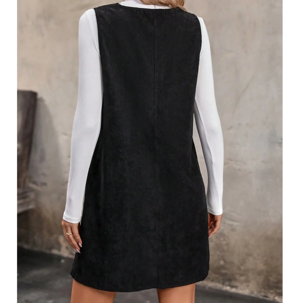 Solid Corduroy Pockets V neck Mini Dress - Picture 3 of 8